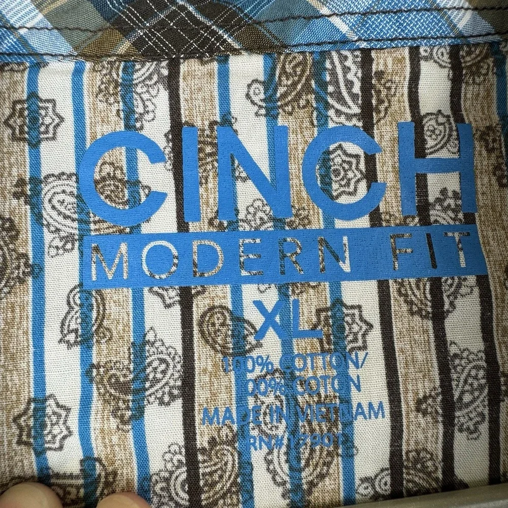 Cinch Modern Fit Snap Button Shirt‎ Men's XL Brown Blue Paisley Striped (1259)